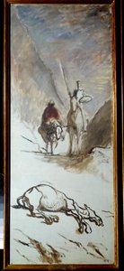 Don Quijote és a halott öszvér Illusztráció Miguel Cervantes „Don Quijote de la Mancha” (El ingenioso Hidalgo Don Quijote de la Mancha) című regényéből. Honore Daumier (1808-1879) festménye. 19. századi V. 1,32x0,54 m. alkotó: Honoré Daumier