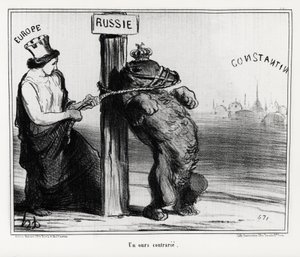 Oroszország: feldúlt medve (Európa). 1854 márciusában Franciaország és Anglia szövetséget kötött Törökországgal Oroszország ellen. Illusztráció: Honore Daumier (1808-1879), amely a „Charivari” című újságban jelent meg. alkotó: Honoré Daumier