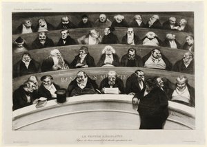 A törvényhozó hasa: A miniszteri padok képe az 1834-es rögtönzött kamarában (litográfia) alkotó: Honoré Daumier