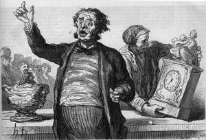 Az árverezők szállodája: a nyilvános kiáltó. Honore Daumier (1808-1879) rajzfilmje. Metszet a „” Le Monde Illustré”” 551. számban, január 2 alkotó: Honoré Daumier