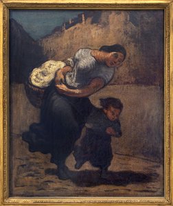 A vihar (a levendula). Egy nő, aki egy rövid kosarat tart egy gyerekkel, valószínűleg azért, hogy megvédje magát az esőtől. Honore Daumier (1808-1879) alkotása, olaj, karton alkotó: Honoré Daumier