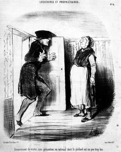 Vigyázzon, óvat nélkül, egy entesol, akinek a mennyezete kissé túl alacsony, a „Bérlők ET tulajdonosok” című filmből származik, a Daumier Honore (1808-1879) rajzfilm sorozata. "Macskazene" alkotó: Honoré Daumier