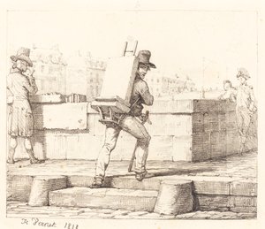 Művész festőállványt hordozó kőnyomatos kővel alkotó: Emile Jean Horace Vernet