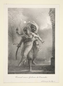 Conrad kimenti Gulnare-t a tűzből (Byron A kalóz című műve) alkotó: Horace Vernet