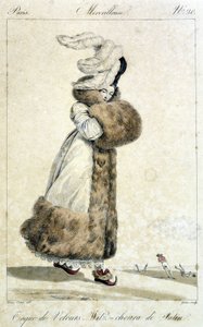 Elegáns nő kabátot és tollas bársonykalapot visel. Horace Vernet (1789 - 1863) női divatillusztrációja a 20-as számhoz, 1810 körül, a „Csodálatos” névvel. alkotó: Emile Jean Horace Vernet