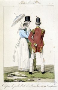 Horace vernet (1789 - 1863) divatmetszete 1810 körül készült egy „Marvelous” 25-ös számára, amely a nőies divatot (szalmakalap és sifonruha) és a férfiasságot képviseli. alkotó: Emile Jean Horace Vernet