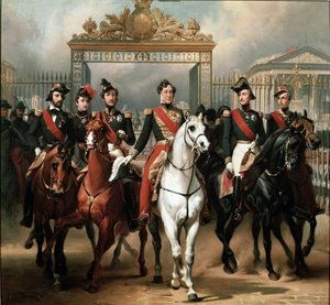 Lajos Fülöp királyt öt fia veszi körül, akik a Versailles-i palota főkapuján távoztak, miután katonai szemlét tartottak az udvarokon alkotó: Emile Jean Horace Vernet