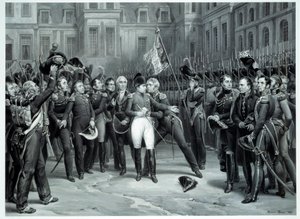 Bonaparte Napóleon (1769-1821) búcsúja a császári őrségtől a fontainebleau-i Cheval Blanc udvarában 1814.04.20. Emile Vernet metszete Horace Vernet (1789-1863) 1814 Párizs, B.N. alkotó: Emile Jean Horace Vernet