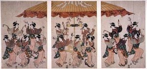A Sumiyoshi Dance, triptichon, 1791 körül (színes fatömbnyomat)