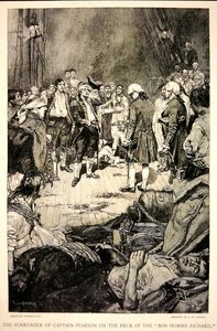 Pearson kapitány megadása John Paul Jonesnak a Bonhomme Richard fedélzetén 1779-ben (litho)