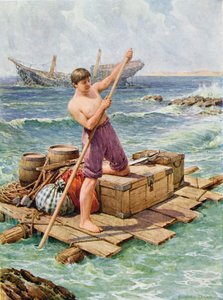 Bringing the Raft from the Wreck, Illusztráció a „Robinson Crusoe”-hoz, Daniel Defoe (1660-1731) (színes litó)