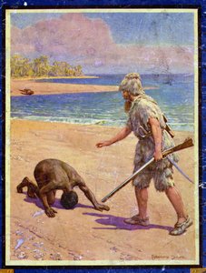 Crusoe and Man Friday, illusztráció a „Robinson Crusoe”-hoz, Daniel Defoe (1660-1731) (színes litó)