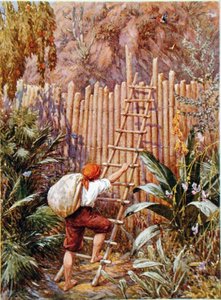 Crusoe és erődje, Daniel Defoe (1660-1731) „Robinson Crusoe” című művéhez készült illusztráció (színes litó)