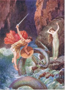 „Perseus leesett a magasból”, illusztráció a „Hogyan jött Perszeusz Etiópiába” című művéhez, Charles Kingsley (1819-75) A görög tündérmesék hőseiből (színes litó) alkotó: Howard Davie