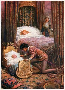 „Lehajolt, hogy megcsókolja a kisbabát” az Olasz mesékből, Lilia E. Romano, kiadó: Raphael Tuck & Sons (színes litho) alkotó: Howard Davie