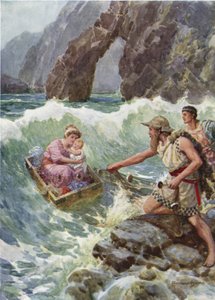 Egy sziklapárkányra rajzolta őt és a babát. Abból, hogy Perszeusz és anyja Seriphosba került (színes litó)