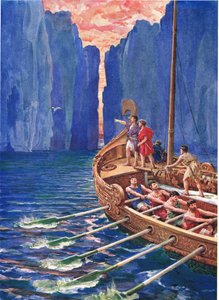 – Héra pilótát küldött nekünk; kövessük a ravasz madarat”, illusztráció: „Hogyan hajóztak az argonauták Kolkhiszba”, Charles Kingsley (1819-75) A görög tündérmesék hőseiből (színes litó)