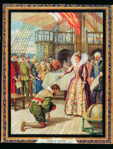 I. Erzsébet királynő (1530-1603) Francis Drake (1540-96) lovagok, illusztráció a Történelem hőseiből (színes litó)