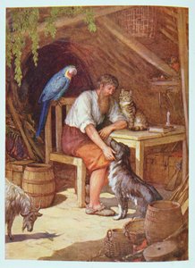 Robinson Crusoe a kunyhójában, illusztráció Daniel Defoe (1660-1731) „Robinson Crusoe” című művéből (színes litó)