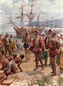 Sir Walter Raleigh leszállás Virginiában (színes litho) alkotó: Howard Davie