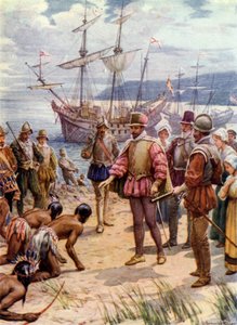 Sir Walter Raleigh, leszállás Virginiában (színes litho) alkotó: Howard Davie