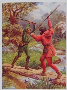 Robin Hood és Little John harca, illusztráció a „Robin Hood és élete a vidám zölderdőben” című könyvből, Rose Yeatman Woolf mesélte, Raphael Tuck kiadó alkotó: Howard Davie