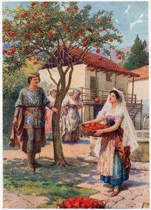 "A gyümölcs magától esett a kosárba.", az Olasz mesékből, Lilia E. Romano, kiadó: Raphael Tuck & Sons (színes litho) alkotó: Howard Davie