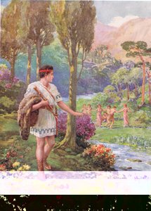„A sziklák és a fák árnyékában nimfák és pásztorok táncoltak”, illusztráció a „Hogyan ölte meg Theseus az emberek felfalóit” című művéhez, Charles Kingsley (1819-75) A görög tündérmesék hőseiből (színes litó) alkotó: Howard Davie