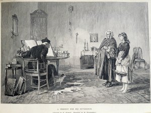 Két ír nő ajándékot hoz egy vallásosnak. H. Werdmuller metszete H. Helmick festménye után a XIX.
