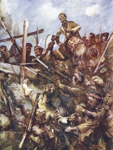 Walter Ritchie dobos az ellenség mellvédjén állt, hogy megszólaltassa a rohamot, heves géppuskalövések és bombatámadások alatt, Beaumont Hamel, Franciaország, 1916. július 1.
