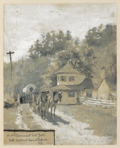 Régi állami vámkapu nyugat felé tartó expresszel, rajz William Henry Rideing „The Old National Pike” című cikkének illusztrációjához alkotó: Howard Pyle