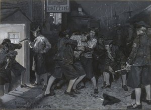 A Griffmadár cégérénél, rajz John Austin Stevens „Régi New York-i kávéházak” című cikkének illusztrációjához alkotó: Howard Pyle