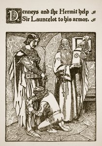 Denneys és a Remete segít Sir Launcelotnak a páncéljában, illusztráció a "Sir Launcelot és társai történetéből", 1907. alkotó: Howard Pyle