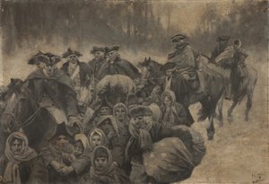 Öt vörös köpenyes katona lóháton, egy másik, szemig érő köpenyben... körülöttük szegény emberek, fiatalok és öregek vegyes csoportja... alkotó: Howard Pyle