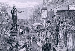 „Jackson tábornok, megválasztott elnök, útban Washingtonba”, illusztráció az „Elnöki előrehaladás”, pub. a Harper