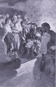 Odavezette Jacket a férfihoz, aki a hordón ült, Howard Pyle Kalózok könyvéből, amelyet a Harper & Bros adott ki, 1921. alkotó: Howard Pyle