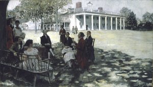 Martha és George Washington barátaikat szórakoztatja a Mount Vernon gyepen, 1898 (olaj és grisaille, vászon) alkotó: Howard Pyle