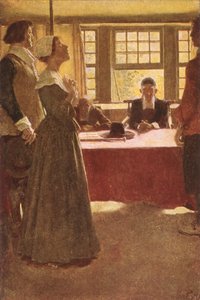 Mary Dyer Endicott kormányzó elé került, illusztráció Basil King „Mary Dyer felakasztása” című művéből, pub. a McClure