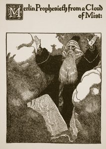 Merlin Prophesieth a ködfelhőből, illusztráció a Sir Launcelot és társai történetéből, 1907 alkotó: Howard Pyle