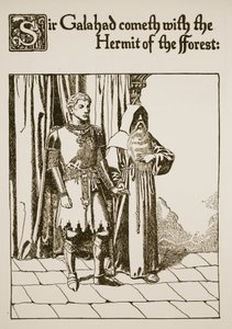 Sir Galahad az erdei remetével érkezik, illusztráció a "A Grál története és Artúr elmúlása" című könyvből, 1910 körül. alkotó: Howard Pyle