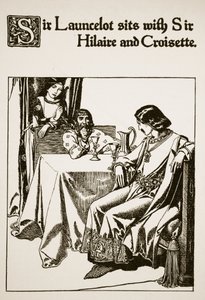 Sir Launcelot Sir Hilaire-rel és Croisette-tel ül, illusztráció a „Kerekasztal bajnokainak története” című művéből. alkotó: Howard Pyle