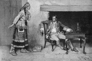 Az Ojibway Maiden feltárja Pontiac cselekményét, John Tinkey (fl.1871-1901) vésett illusztrációja Edmund Kirke "The City of the Strait" című könyvéből, pub. a Harper