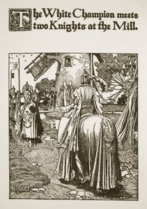 A Fehér Bajnok találkozik két lovaggal a malomban, illusztráció az „Artúr király és lovagjai története” című 1903-as alkotó: Howard Pyle