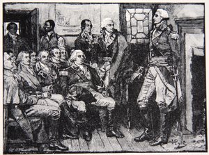 Washington és tábornokai egyeztetve, 1783. március 15., illusztráció a Harper