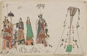 Howling Wolf and Feathered Bear Are Courting Two Girls at the Spring Where They Were Getting Water (toll, tinta, & wc on ledger paper)