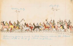 Visszatérés egy razziáról Old Mexikóba a Staked Plains-on át, 1874–1875-ben elfogott állománycsordával (toll, tinta és WC a főkönyvi papíron)