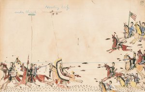 Under Cloud és Üvöltő farkas harcol Sully tábornokkal 1868-ban, a 7. barlangban a jelenlegi tábor utánpótlás közelében, 1874-75 (toll, tinta és WC a főkönyvi papíron)
