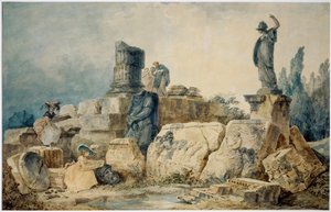 Két fiatal nő Róma romjait rajzolja, három antik ruhás alak figyeli őket felülről ... alkotó: Hubert (circle of) Robert
