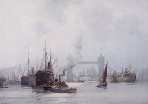 Tower Bridge az alsó medencéből, 1925 körül (akvarell, papír) alkotó: Hubert Coop