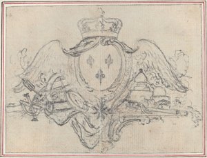 A francia király címere szárnyakkal és tudományos műszerekkel (grafit, átvitelre metszve fektetett papírra; lerakva)